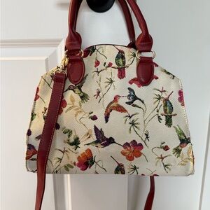 Floral Bird Print Handbag with Red Accents